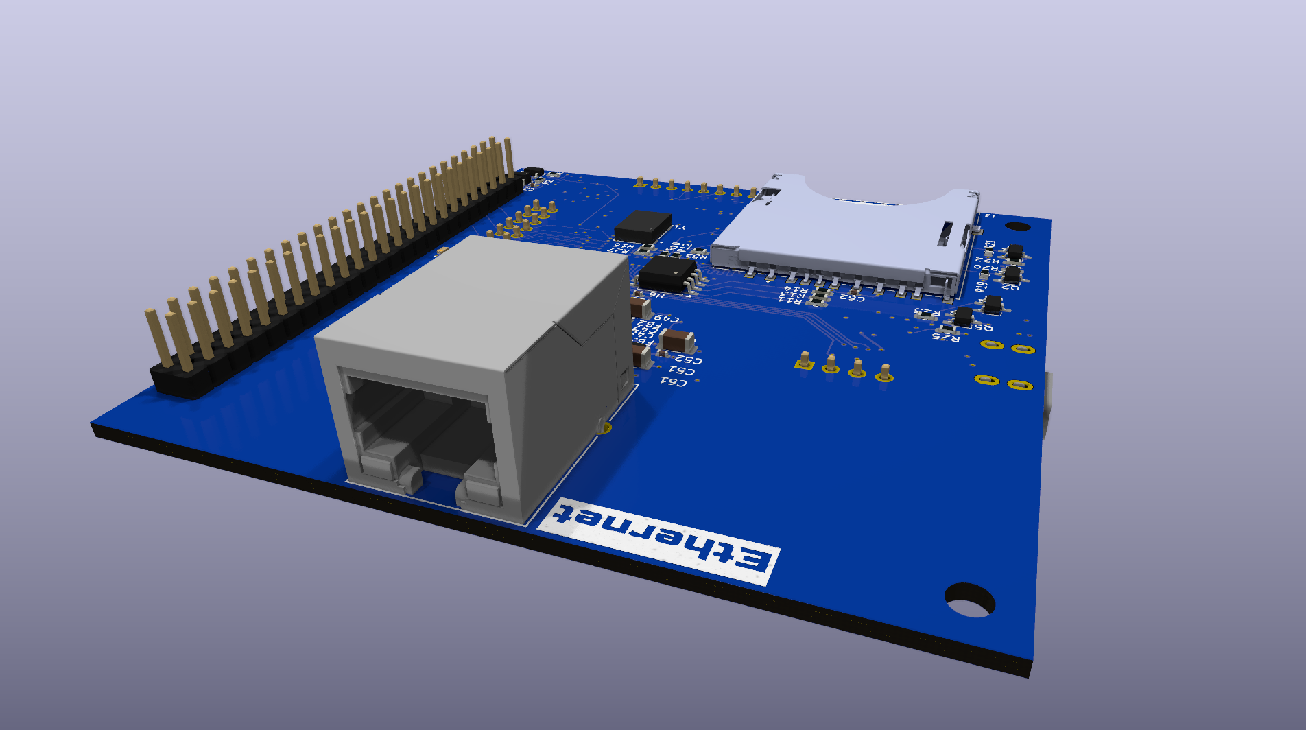 Angled 3D render of the bottom of the board (ethernet side).