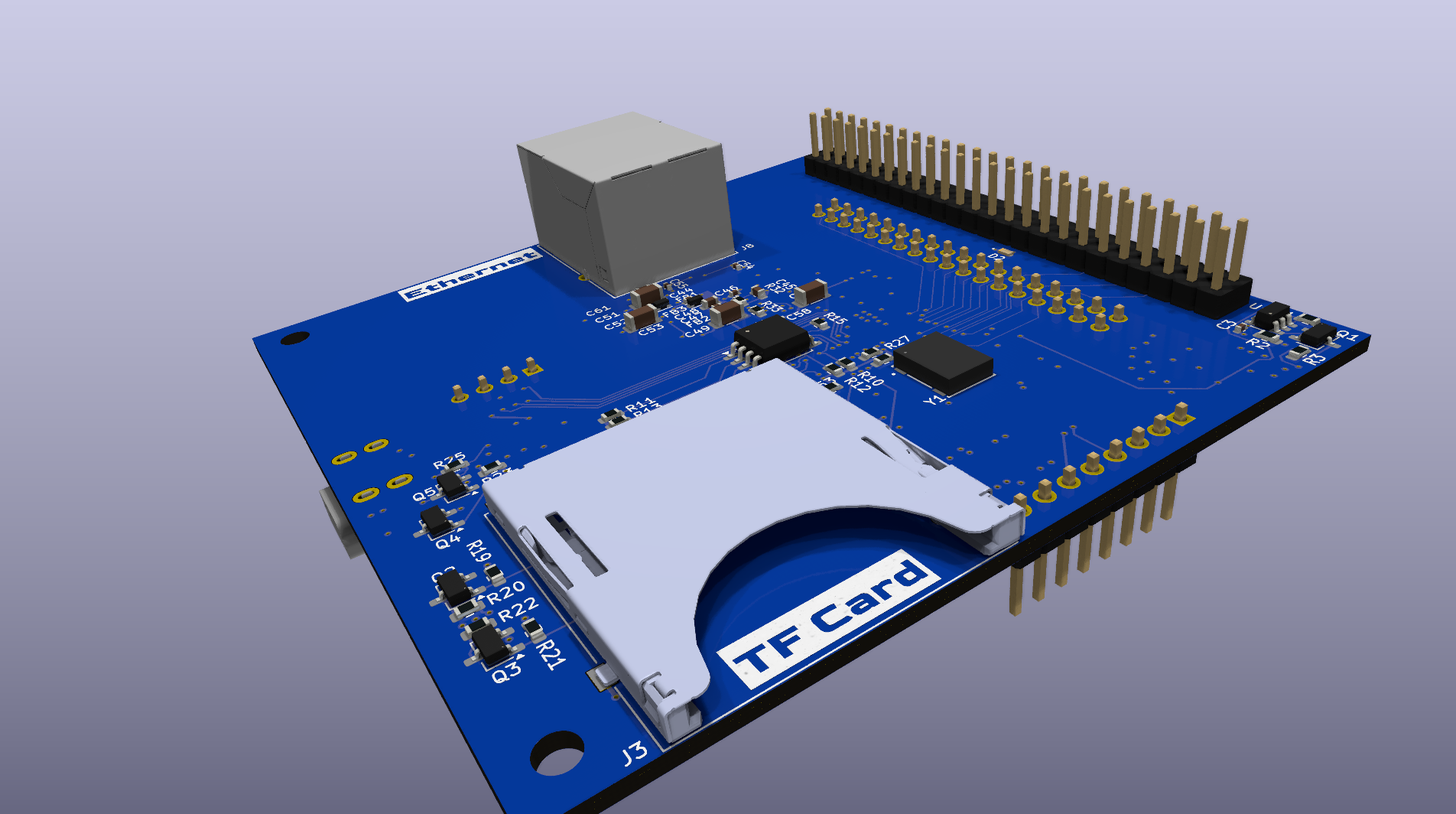 Angled 3D render of the bottom of the board (TF card side).