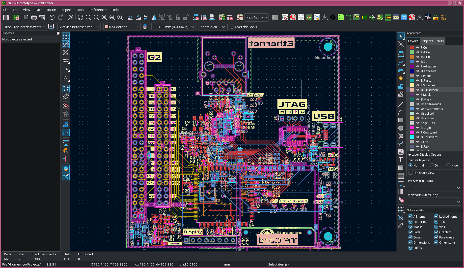 A view of the PCB in KiCad's PCB editor.