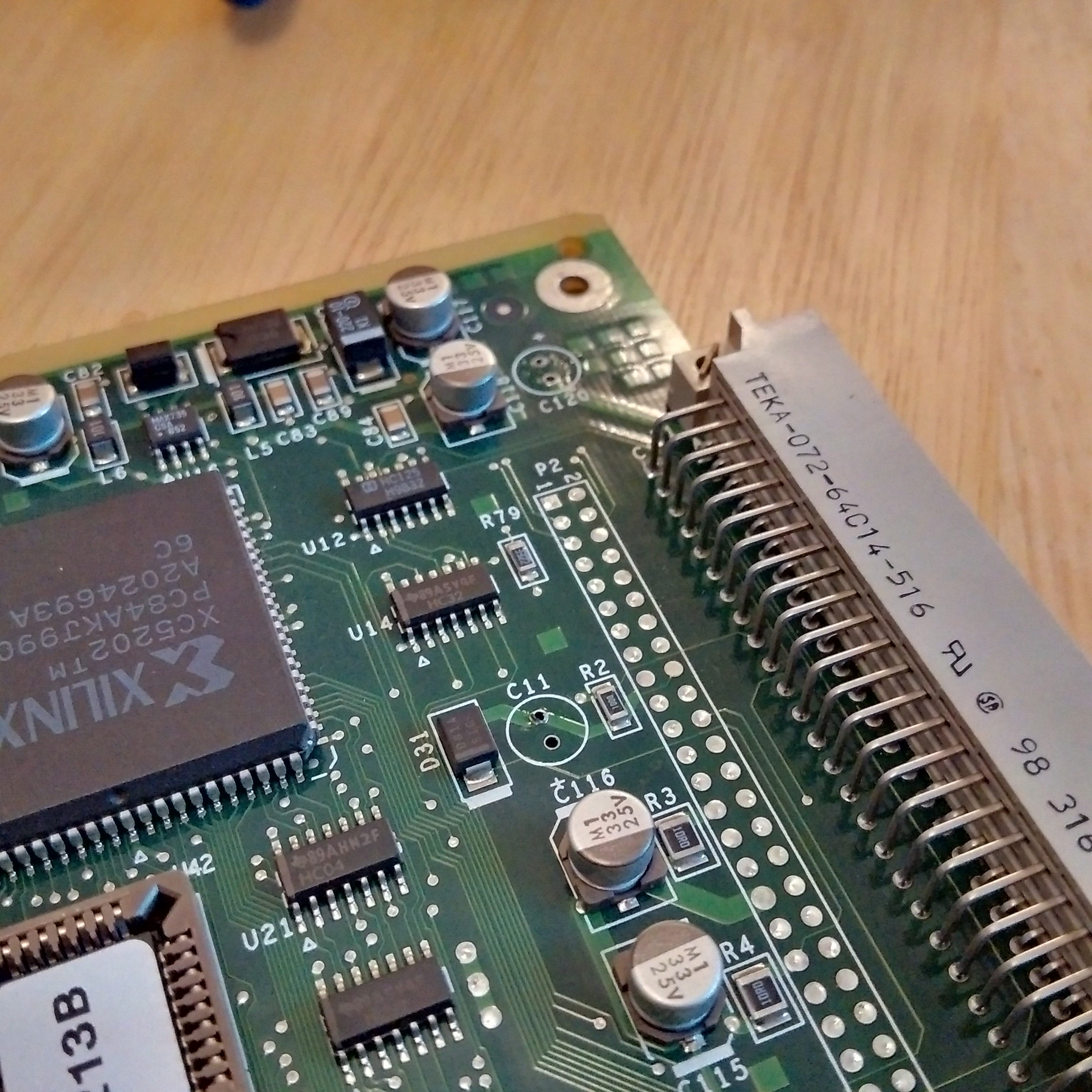 Close up of the board with the capacitors removed